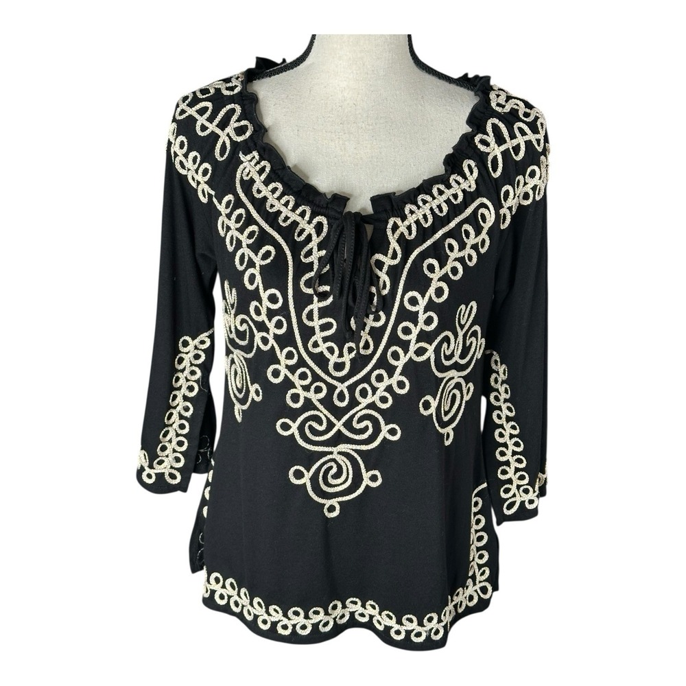 Lauren Michelle Shirt Tunic Women's Large Black Embroidered Tie Neck Arm Slits‎